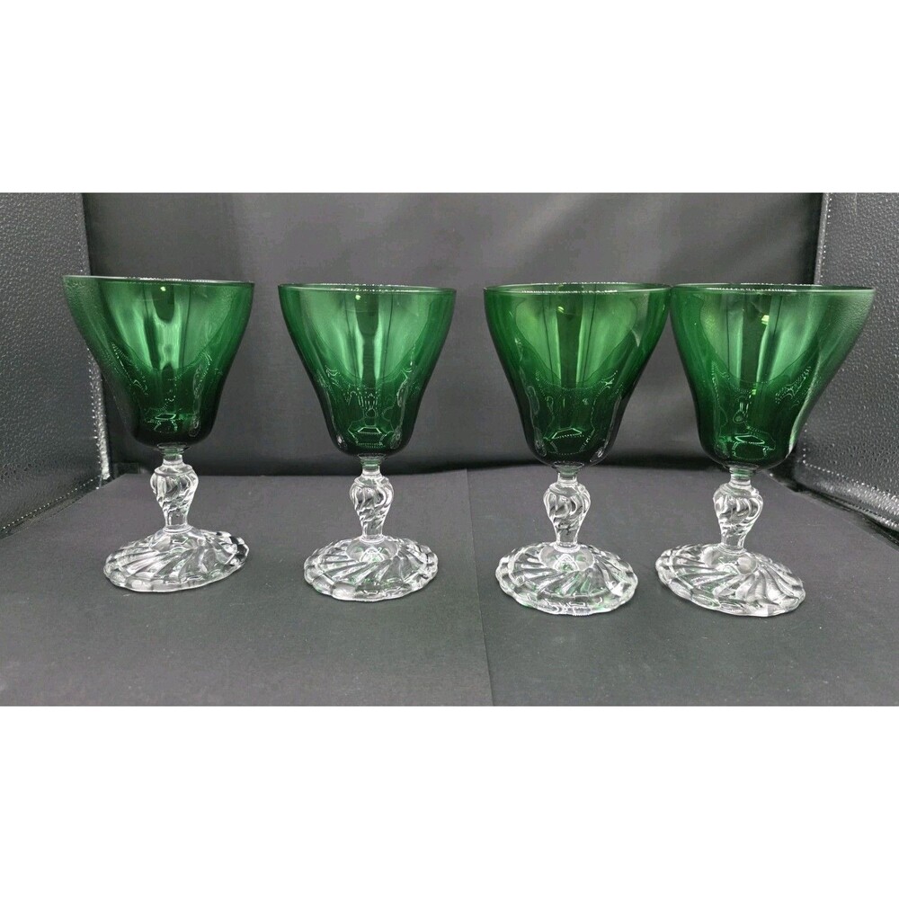 Fostoria Colonial Dame Green Water Goblets Set of 4 Swirl Base Excellent Cond.